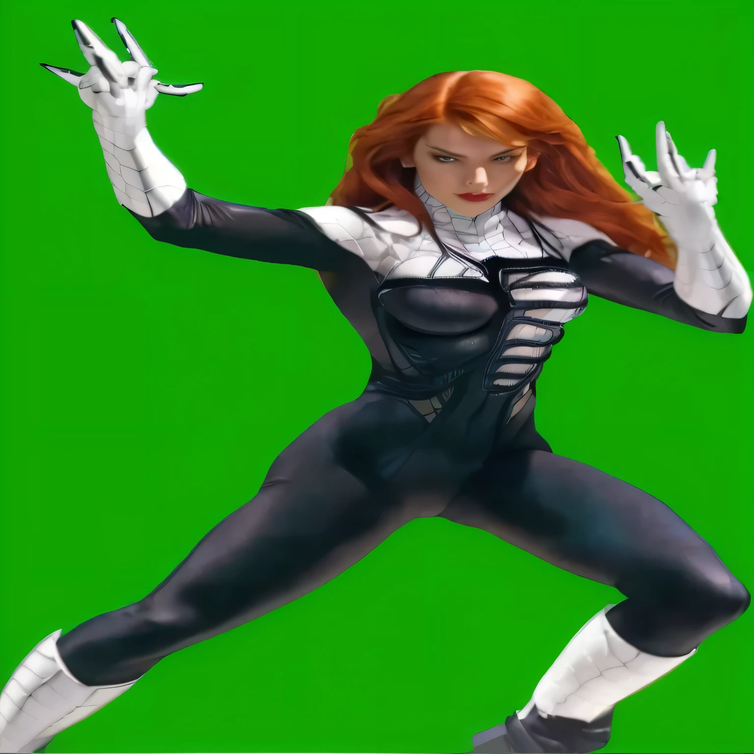 a close up of a person in a costume on a green background, full body portrait of jean grey, spiderwoman!!!!!, spiderwoman!!, ( ( spiderwoman ) ), amouranth as a super villain, villain pose, jean grey, cables on her body, spider woman, action glamour pose, mila jovovich as spiderwoman, black widow, catsuit