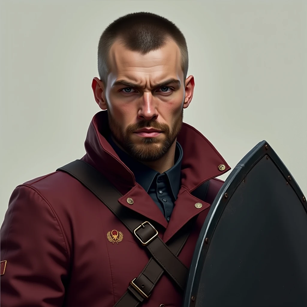 portrait, man, black shield and hair, very short haircut, unshaven man, man has a small beard, man is 25 years old, communist, in a jacket, burgundy jacket, small badge, badge with a red star, Slavic appearance