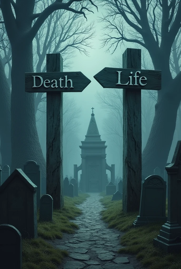 a cemetery with arrows on the sides, one that says left and one that says right, the one on the left that says death below and the one on the right that says life below