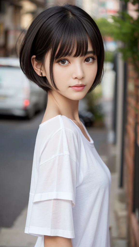 ((Long rabbit ear )),(Highest quality, Very detailed, masterpiece:1.2), 1 women, Very thin body, length, Thin legs, ((Black short hair:1.2)), ((Thick and fluffy bangs)), Very detailedな顔,A faint smile, small, Thin Nose, small thin mouth, Extremely sharply focused eyes, Japanese, Beautiful Face, Realistic eyes, Beautiful and beautiful eyes, Realistic Skin, Beautiful Skin, charm, (A vivid face), Beautiful Hairstyles,((Over Size white T-shirt)),Creepy and unique hairstyles, High resolution, Vibrant color palettel, Amazing place