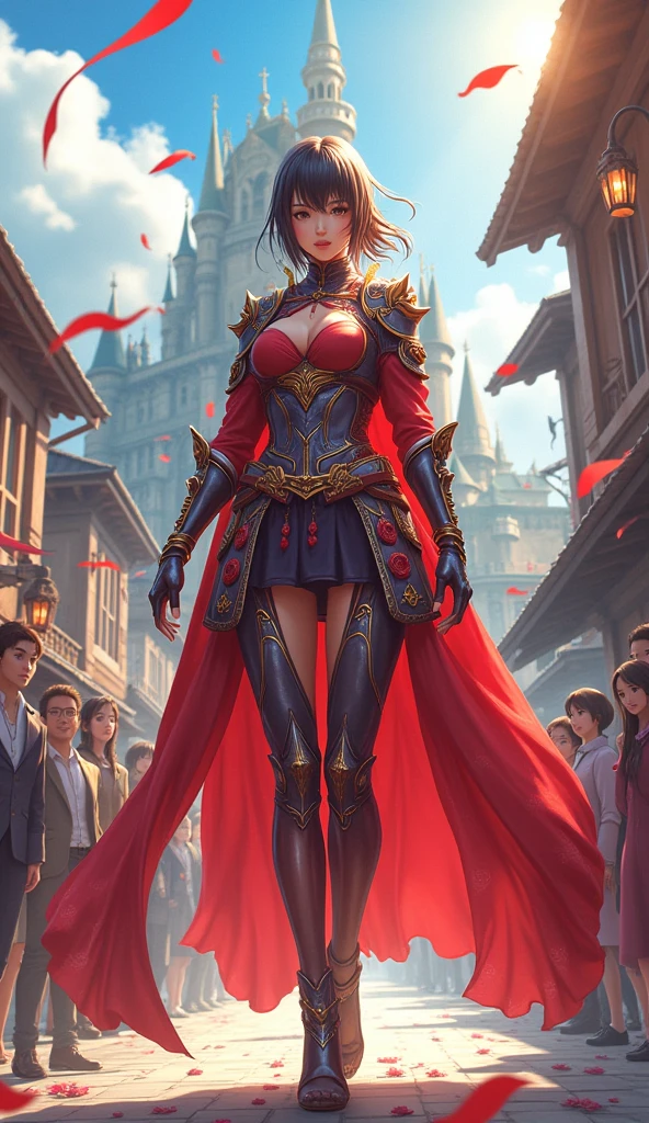 ((Full body photo, standing, feet on the ground)) Highest quality, Official Art, masterpiece, Fabric Shading, High resolution, Very detailed, colorful, Best details, Fantasy, suit, Yui Takamura:1.9, 1 female, Age 25, Highest quality, Official Art, masterpiece, Fabric Shading, High resolution, Very detailed, colorful, Best details, Fantasy, battle suit,1 female, 28 years old, Standing on the stairs,A castle town with an old castle, sunny,Choppy Hair, Large Breasts, skinny,Surrounded by many people:1.9、Confetti falling、Blessed、welcome:1.5、Camel Toe:1.3, Ground level shot:1.9,