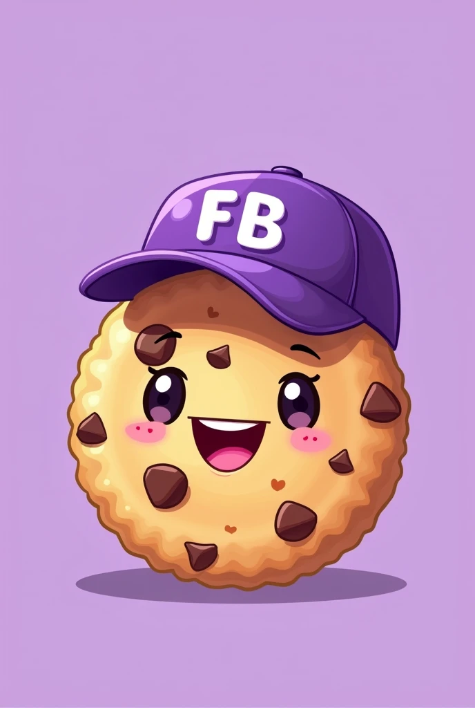 illustration type cookie that is happy, that has chocolate chips and has a purple cap that says FB in capital letters and the background is plain purple