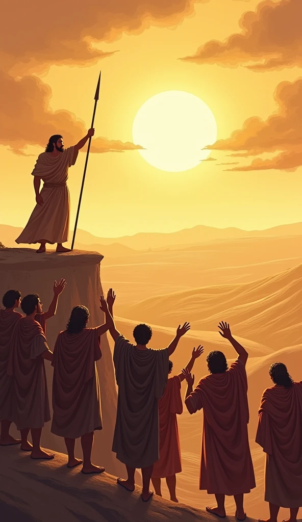 A vertical illustration depicting the victorious moment of the Israelites after their battle against the Amalekites. The scene shows the Israelites rejoicing, with some lifting their weapons in triumph, while others bow in gratitude and prayer. In the background, the desert landscape stretches out with a bright, golden sky symbolizing hope and divine favor. Moses stands on a hill, overlooking the victorious scene, holding his staff high. The image captures the significance of this victory as an important milestone in the journey of God's people through the desert.