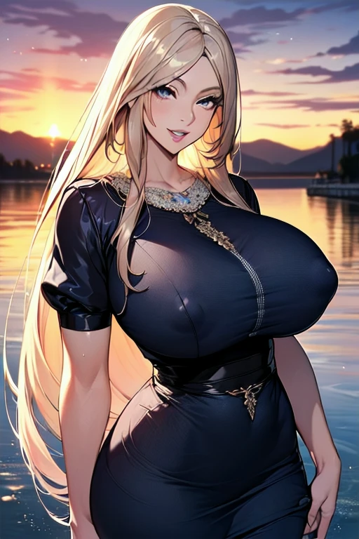 ((masterpiece)), ((best quality)), absurdres, extremely detailed CG unity 8k wallpaper, (realistic), beautiful face, detailed hands, expressive eyes, upper body, close up, solo, (dramatic lighting:1.1), (standing, arm at side, seductive smile, parted lips:1.2), (1girl, older girl, onee-san, big sister, wide hips, narrow waist, huge breasts, skindentation, older, long hair, sharp eyelashes, thick lips:1.4), (dress:1.3), ((masterpiece)), , absurdres, HDR, clear sky background, thigh deep in water.