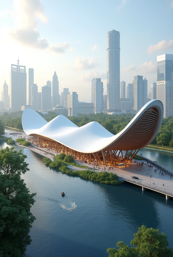 A 3D rendering of a bus terminal, with some detail that reminds of canoe and waves in its design 