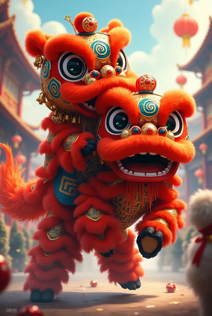 create,2 lion dances,A lion dance rides on the back of another lion dance,Pierce it with its genitals,The lion being ridden shows a happy and cheerful expression