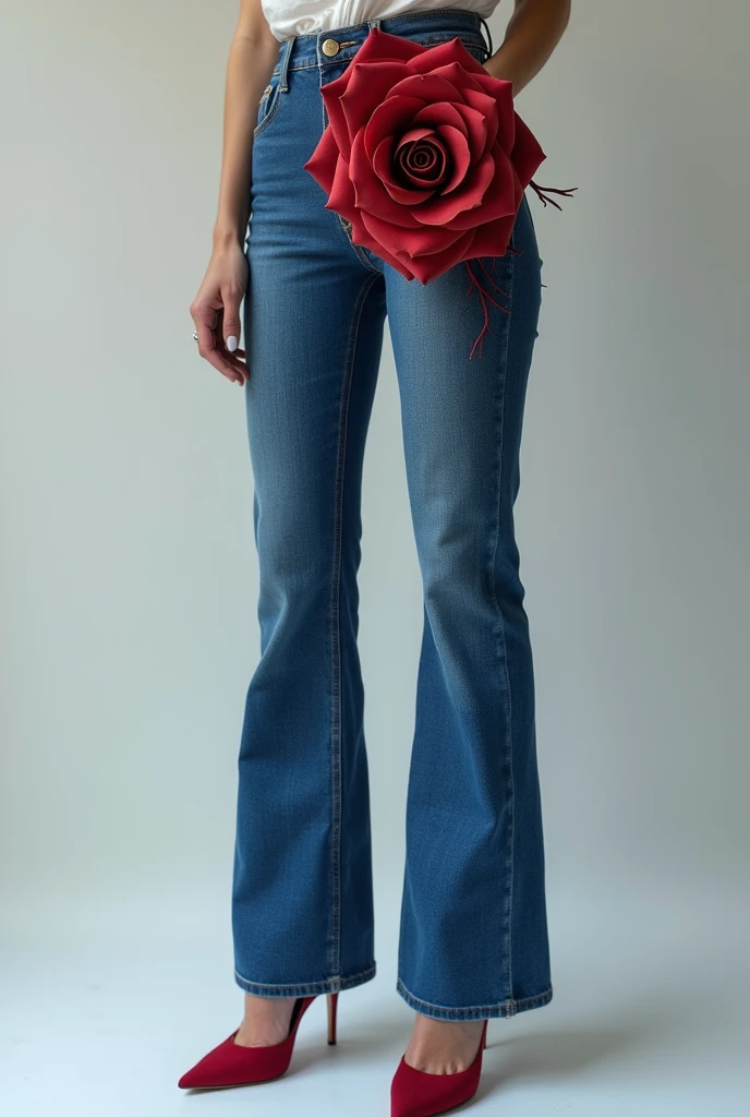 Women&#39;s jeans with a 3D rose in the same color as the pants