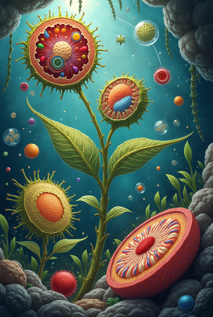 make me a drawing of a eukaryote (animal and vegetable and prokaryotic 