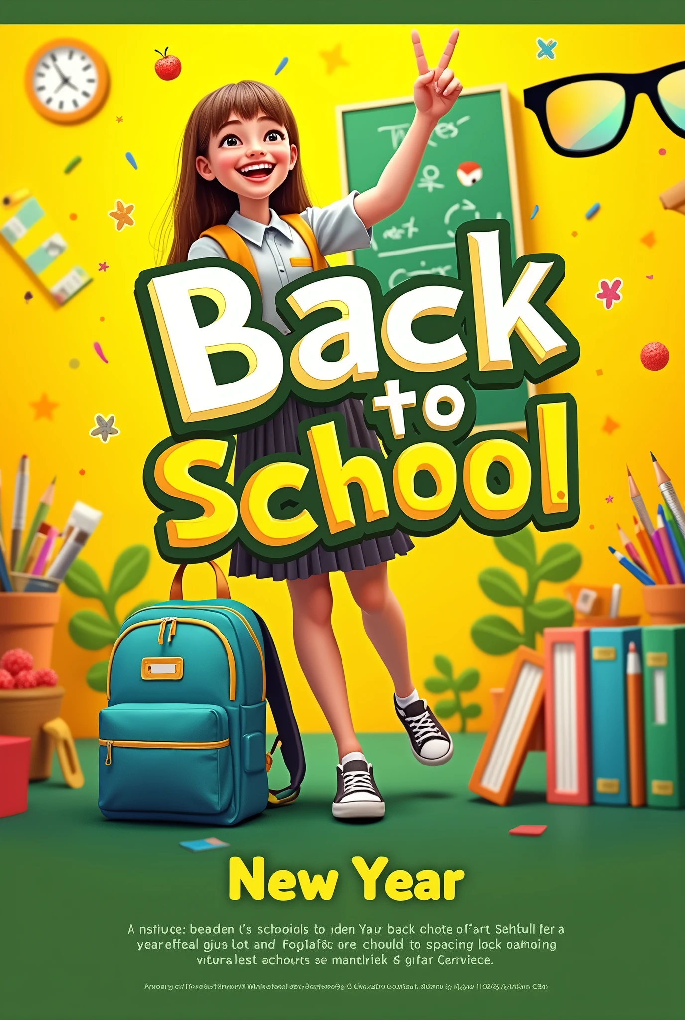 A happy, colorful back to school poster, 1girl, smiling, school uniform, backpack, school supplies, blackboard, chalkboard, textbooks, pencils, clean, vibrant colors, warm lighting, dynamic, playful, whimsical, detailed, 4k, high quality, digital painting, vibrant colors, cheerful, energetic, dynamic composition
