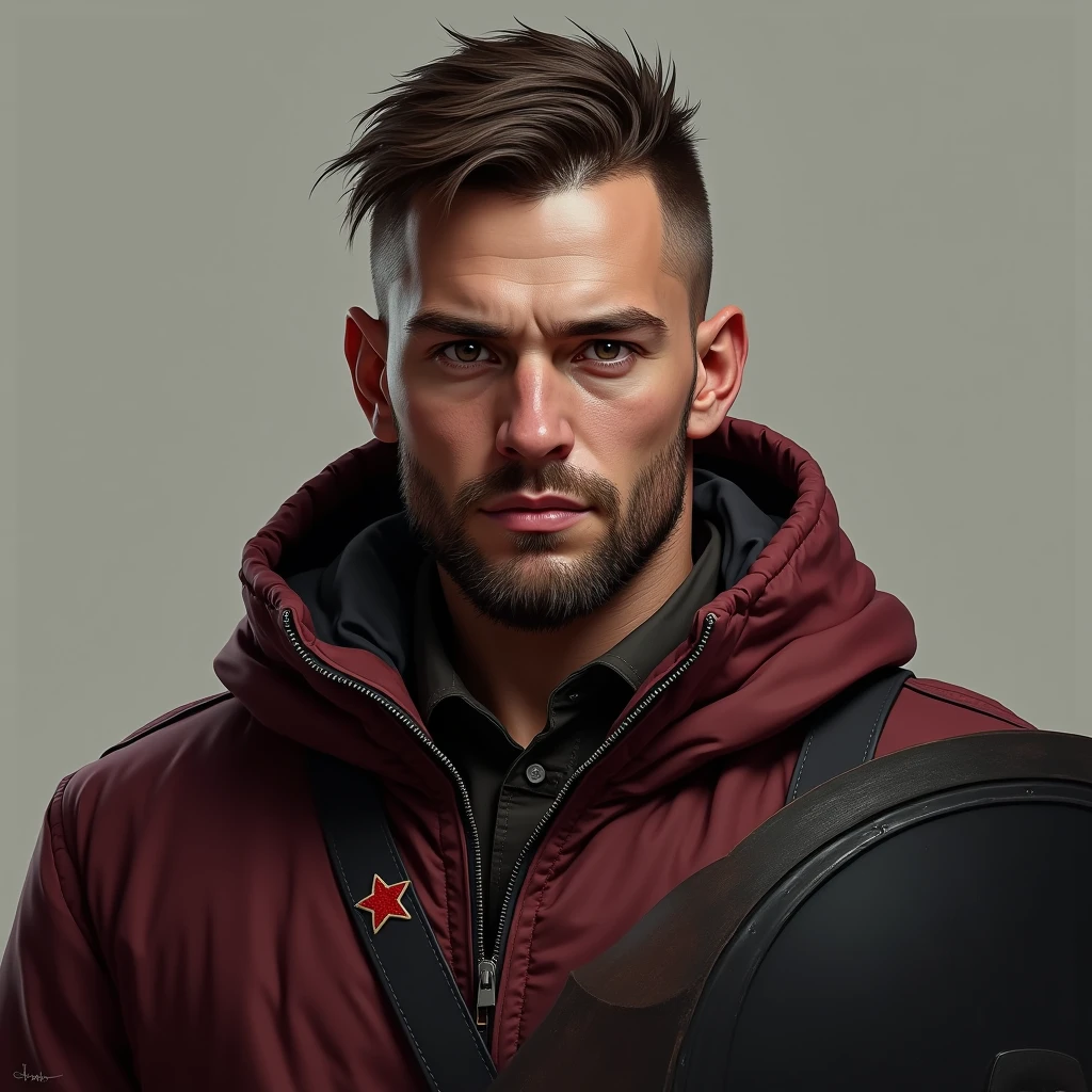 portrait, man, black shield and hair, very short haircut, unshaven man, man has a small beard, man is 25 years old, communist, in a jacket, burgundy jacket, small badge, badge with a red star, Slavic appearance