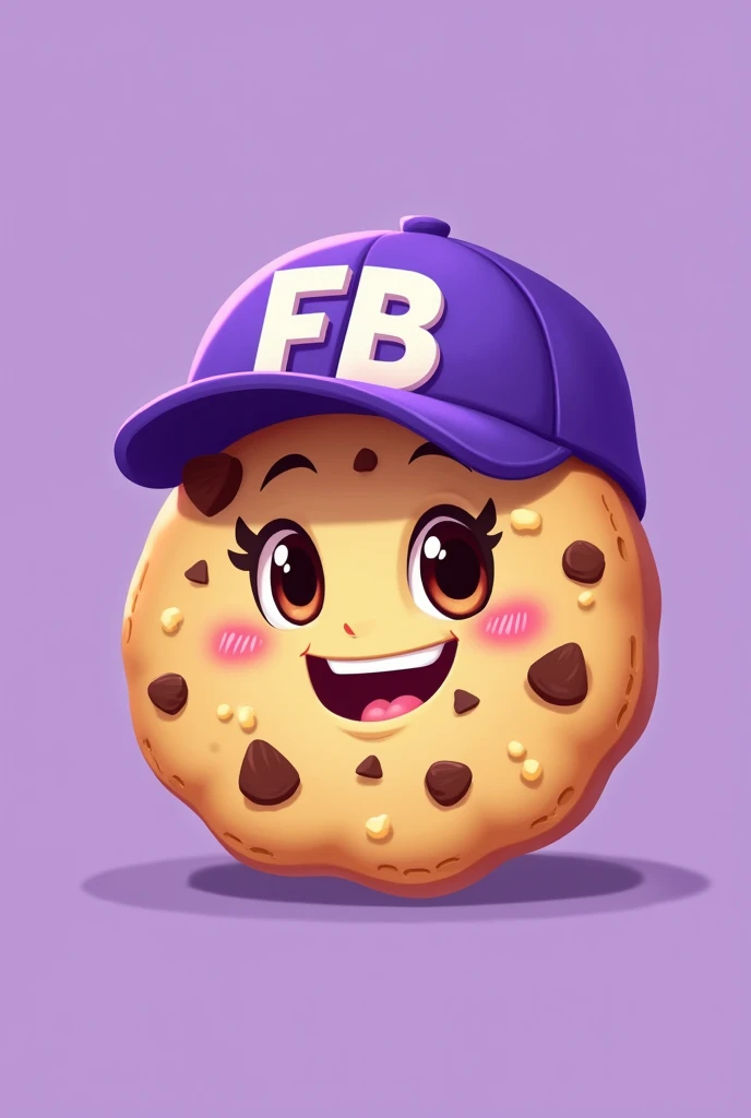 illustration type cookie that is happy, that has chocolate chips and has a purple cap that says FB in capital letters and the background is plain purple