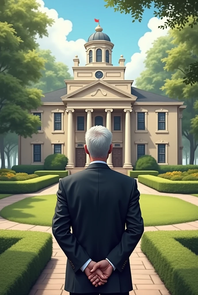 Adult man looking at his school that has brought only success