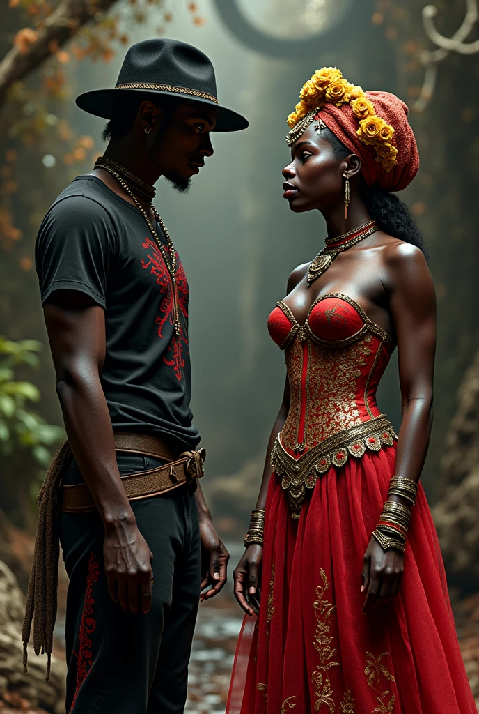 Exu Tiriri and Gypsy Pomba Gira.
Exu Tiriri with black pants, black long sleeve t-shirt with red details, with a black hat. 
Pomba Gira Cigana with a red skirt with gold details, with a red corset with gold details, with a headscarf with golden flowers. 
