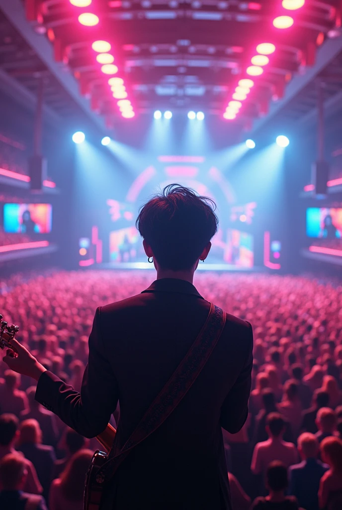 a charismatic Korean jazz guitarist with sunglasses two block hair performing on a big stage, thousands of fans, neon lights, digital art