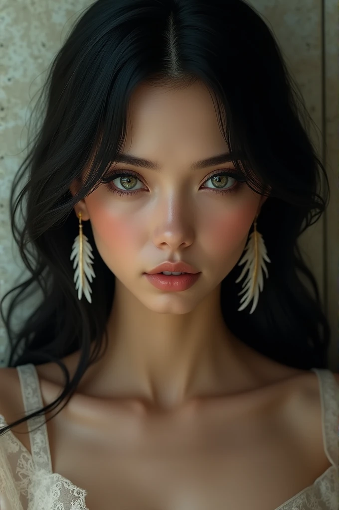 Brunette woman with bird feather earrings she has black hair and a slender silhouette
