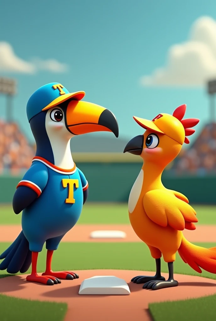 A toucan wearing a blue baseball uniform and a yellow and orange cap with the letter T on the front, in the batter's box waiting for a red phoenix to throw the ball to him, thin with yellow uniform and red and yellow cap with letter F on the front of the cap