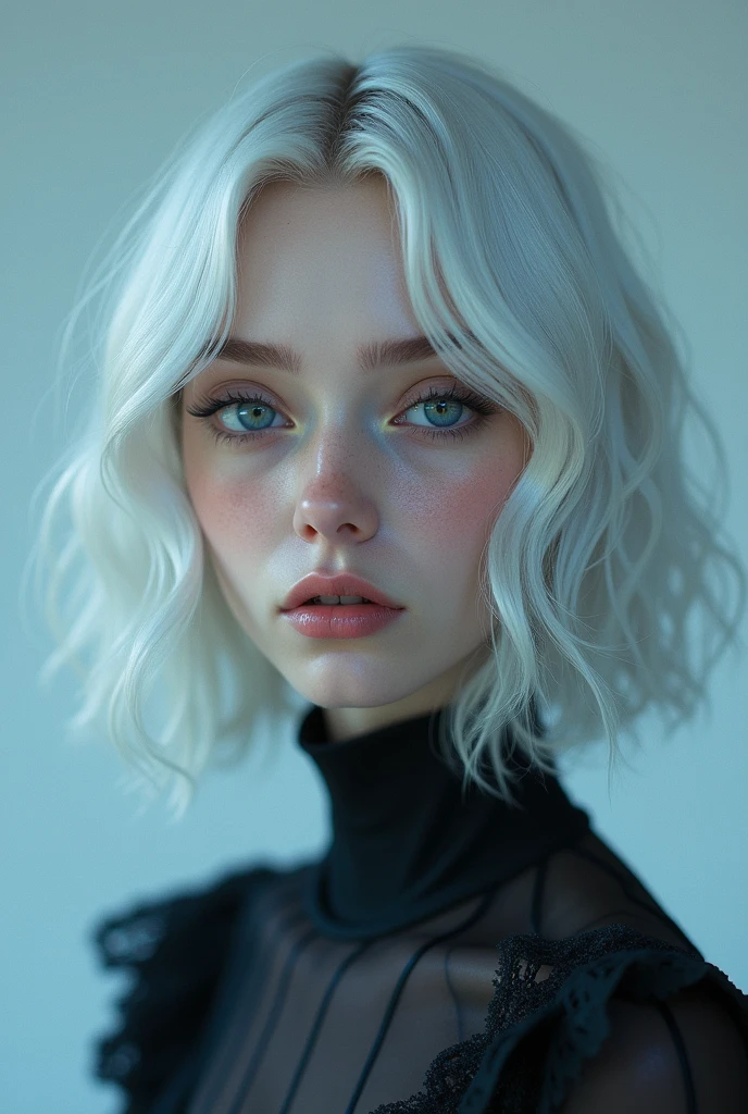 A girl, with skin of a most unusual color that reminds me of the sky before dawn, when it changes from black to a deep navy blue. Her shoulder-length white hair and slanted, completely black eyes that seem to frost over at the edges. It is medium sized and thin.. beautiful.