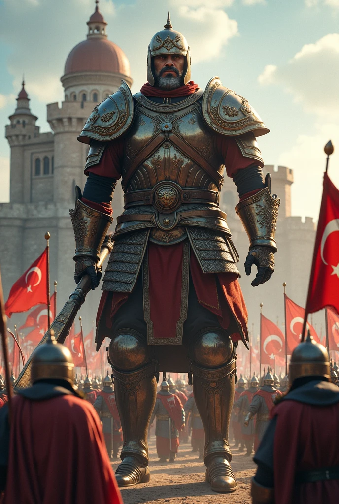 giant Ottoman soldier in the foreground, in the background a castle with an Ottoman army