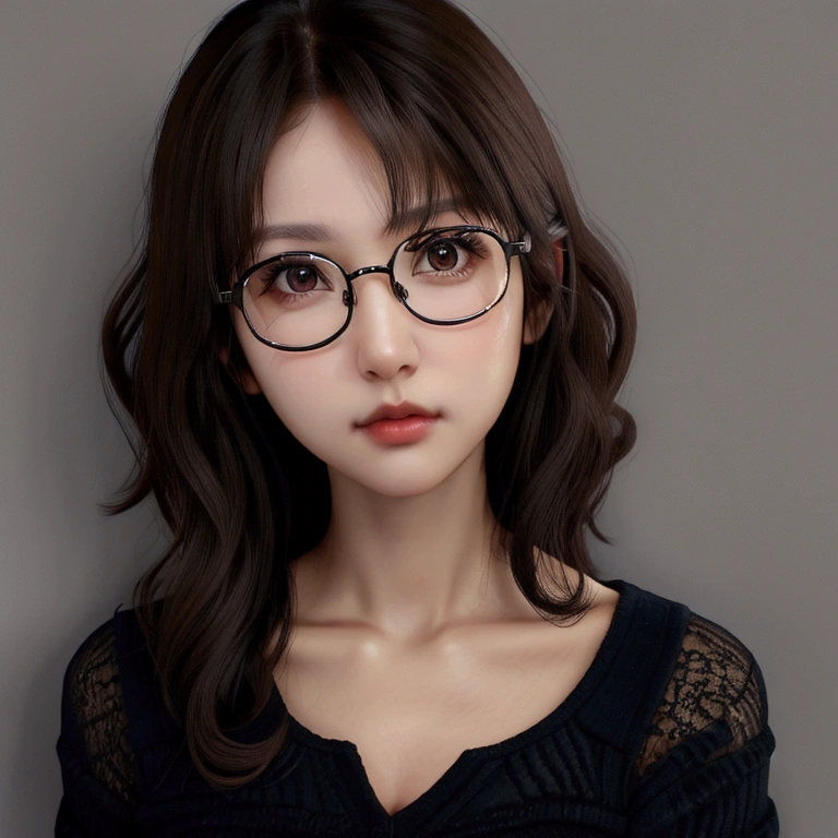 brown eyed woman, glasses, semi short curly black hair, SERIOUS LOOK, scientific
