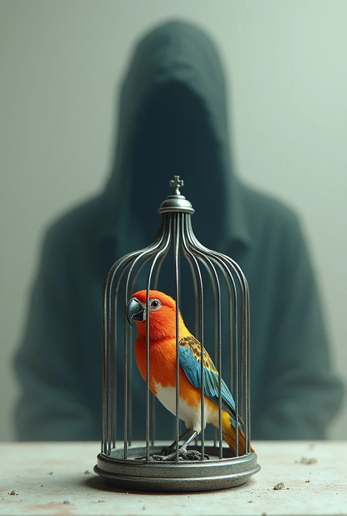 Bird with the shadow of a man on top of a cage with one on the side 