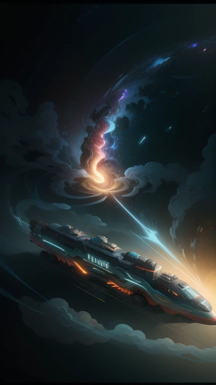 Fantasy,8k,Extremely detailed, masterpiece,High resolution,Highest quality,Increase the resolution,Cinema Lighting,Different space,4 dimensional world,Night on the Galaxy Express,cyber-,light blue body,A spaceship pulling multiple passenger cars,Maneuvering with a fusion reactor,30-car train、Run through the space zone,Numerous stars,Many Galaxies,Milky Way,Cruising at the speed of light,Seeing the Earth in the distance,Super Express,Going to Andromeda,Wide angle of view,Vision,Floating in the air,In the dazzling light,Extremely colorful,The whole carriage is visible,S-shaped,Rail of light,999,colorful cloud nebula
