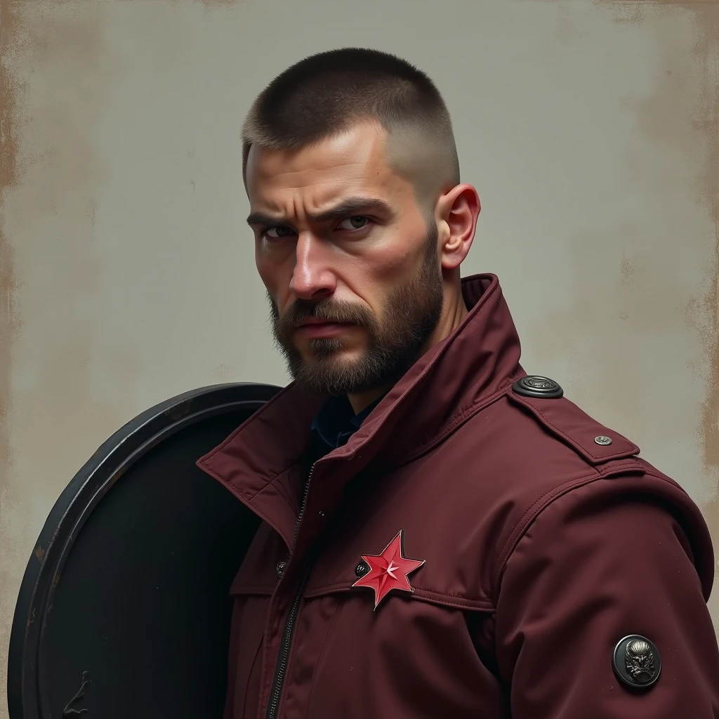 portrait, man, black shield and hair, very short haircut, unshaven man, man has a small beard, man is 25 years old, communist, in a jacket, burgundy jacket, small badge, badge with a red star, Slavic appearance