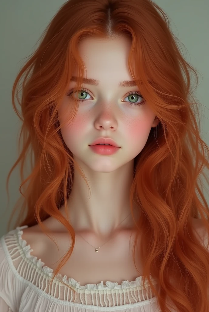 Girl, bambi eyes girl, green eyes, inocent face, cute face, long hair, beautiful, realistic girl, photorealistic, red-haired girl, cute girl, , kawaii rusian, realistic 