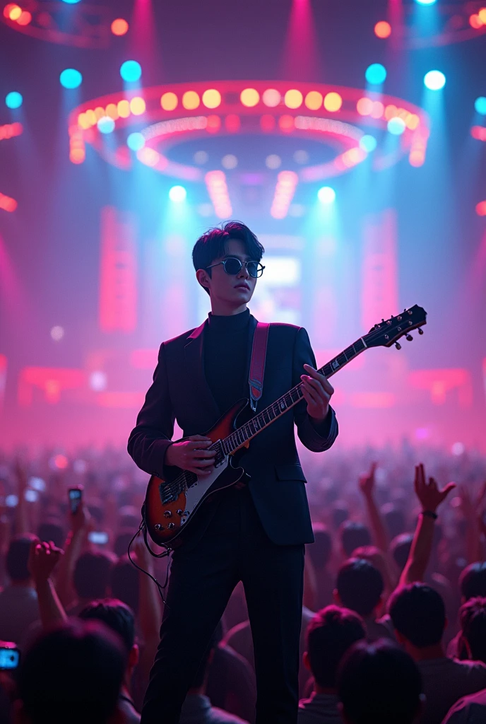 a charismatic Korean jazz guitarist with sunglasses two block hair performing on a big stage, thousands of fans, neon lights, digital art