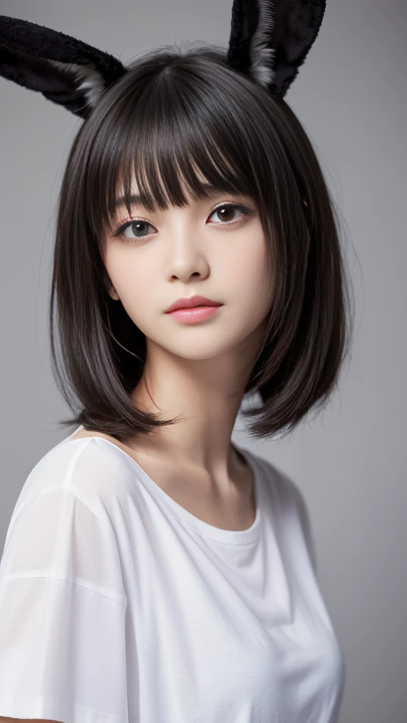 ((Long rabbit ear )),(Highest quality, Very detailed, masterpiece:1.2), 1 women, Very thin body, length, Thin legs, ((Black short hair:1.2)), ((Thick and fluffy bangs)), Very detailedな顔,A faint smile, small, Thin Nose, small thin mouth, Extremely sharply focused eyes, Japanese, Beautiful Face, Realistic eyes, Beautiful and beautiful eyes, Realistic Skin, Beautiful Skin, charm, (A vivid face), Beautiful Hairstyles,((Over Size white T-shirt)),Creepy and unique hairstyles, High resolution, Vibrant color palettel, Amazing place
