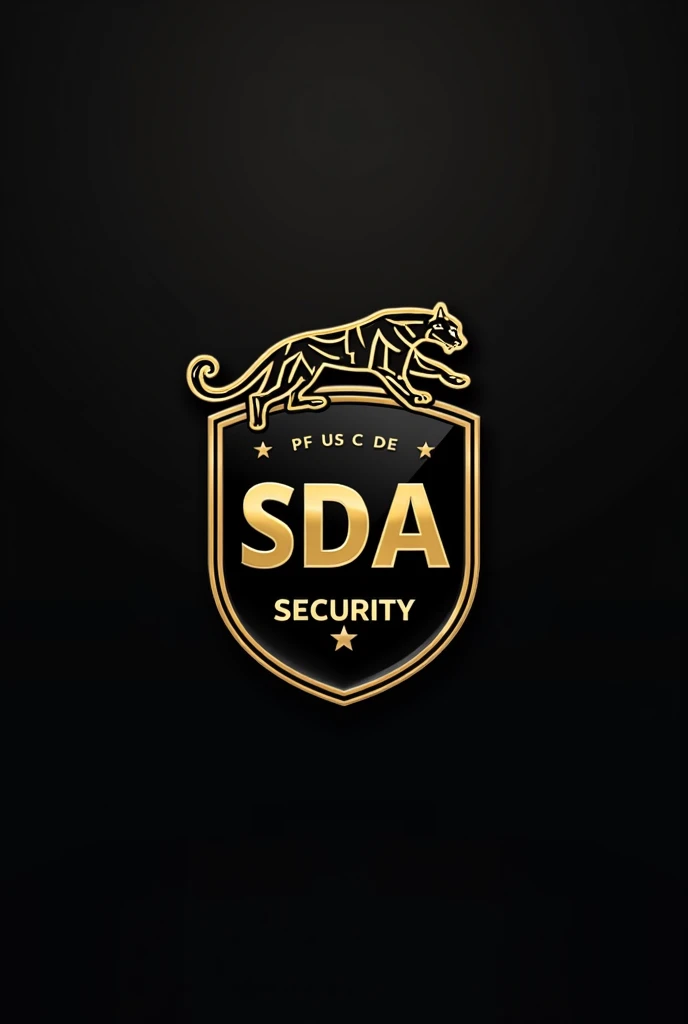 A logo for a security company (SDA Security) There should be a sign with the colors black and gold and under the sign should be SDA Security and in the sign only the letters A and around the sign the animal Jaguar 