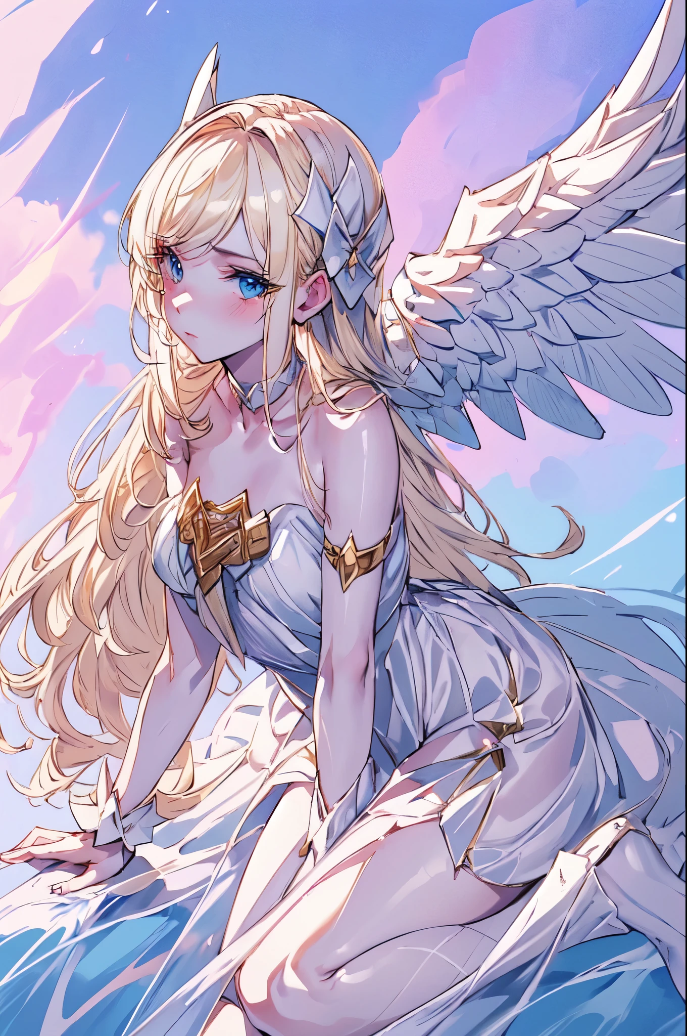 angel wings, (((white angel woman, delicated pose, detailed face, pale skin, long blonde hair))), gorgeous anime angel , gwen from league of legends, gorgeous white and pink sensual gala dress, sensual pose, (((blue sky background, gorgeous sky background)))