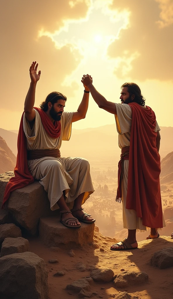 A vertical illustration depicting the biblical scene where Aaron and Hur help Moses keep his arms raised during the battle against the Amalekites. Moses is seated on a rock, looking tired, while Aaron and Hur are on either side of him, each holding up one of his arms. The scene is set on a hill overlooking the battlefield where Joshua and the Israelites are fighting. The landscape is arid, with rocky terrain, and the sky is bright with intense light symbolizing the importance of the moment. The illustration emphasizes the determination and teamwork that led to Israel's victory.