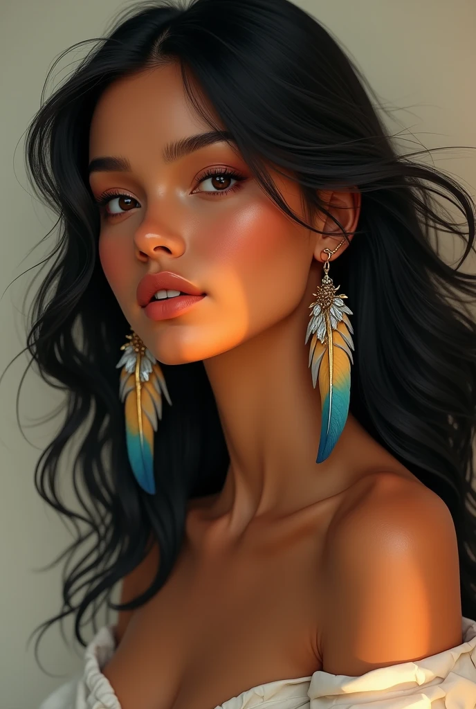 Cinnamon-skinned woman with bird feather earrings. She has black hair and a slender silhouette.