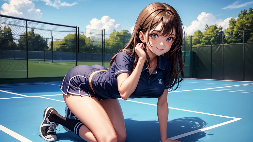 sksbrooke person, sksbrooke, (masterpiece:1.2), (best quality:1.2), perfect eyes, perfect face, 1girl, solo, brown eyes, (medium breasts), perky breasts, blue and black tennis uniform and shirt, tennis court background, smiling, kneeling