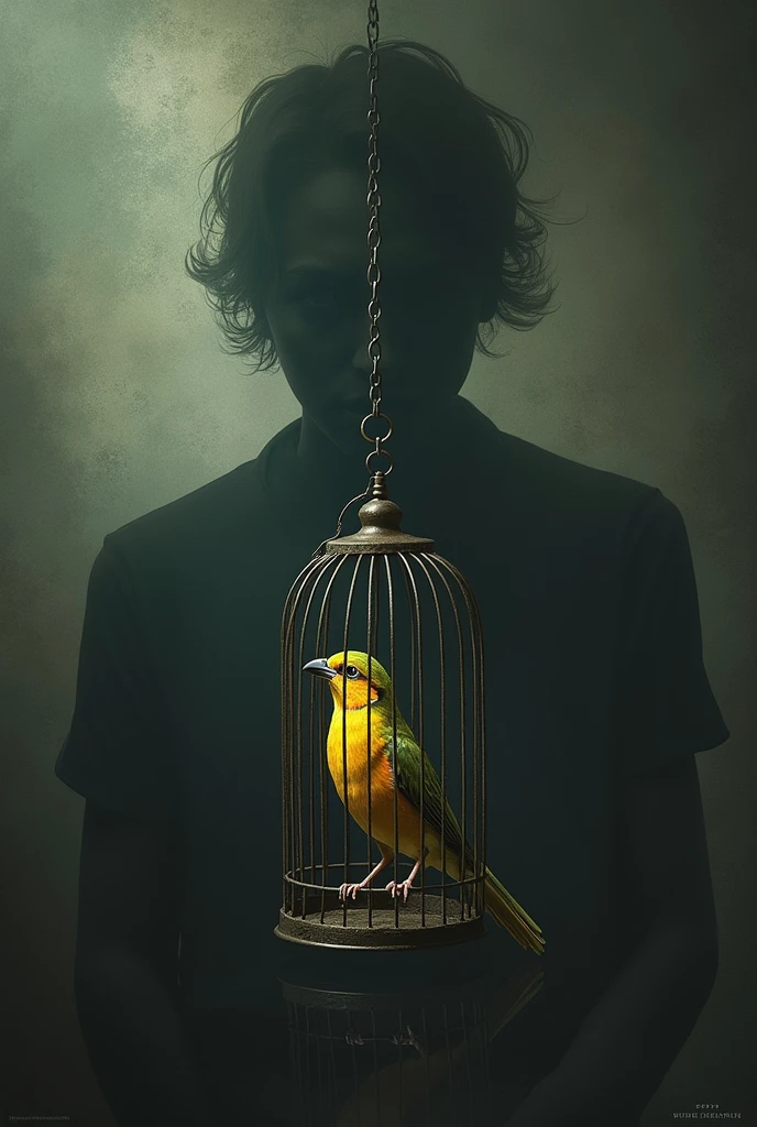Bird with the shadow of a man on top of a cage