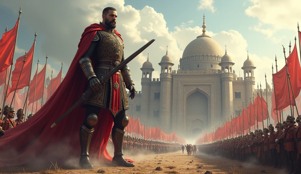 giant Ottoman soldier in the foreground, in the background a castle with an Ottoman army
