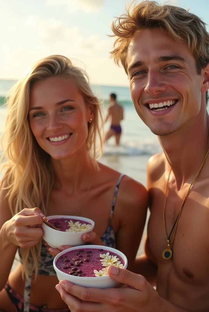 Man and Girlfriend 25 to 35 years old, On the beach blonde hair brown eyes eating acai , with friends Ultra HD, high qualiy, best qualityer, high resolution, 8k, 16K