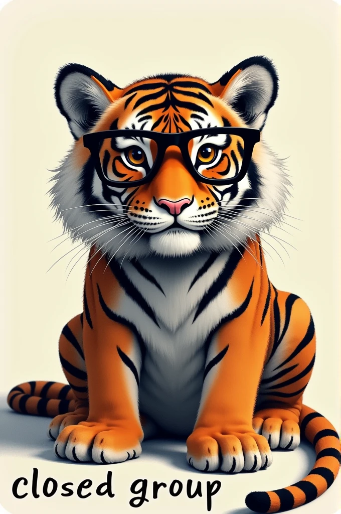 create an image of a tiger with black glasses on its head written underneath "Closed Group"