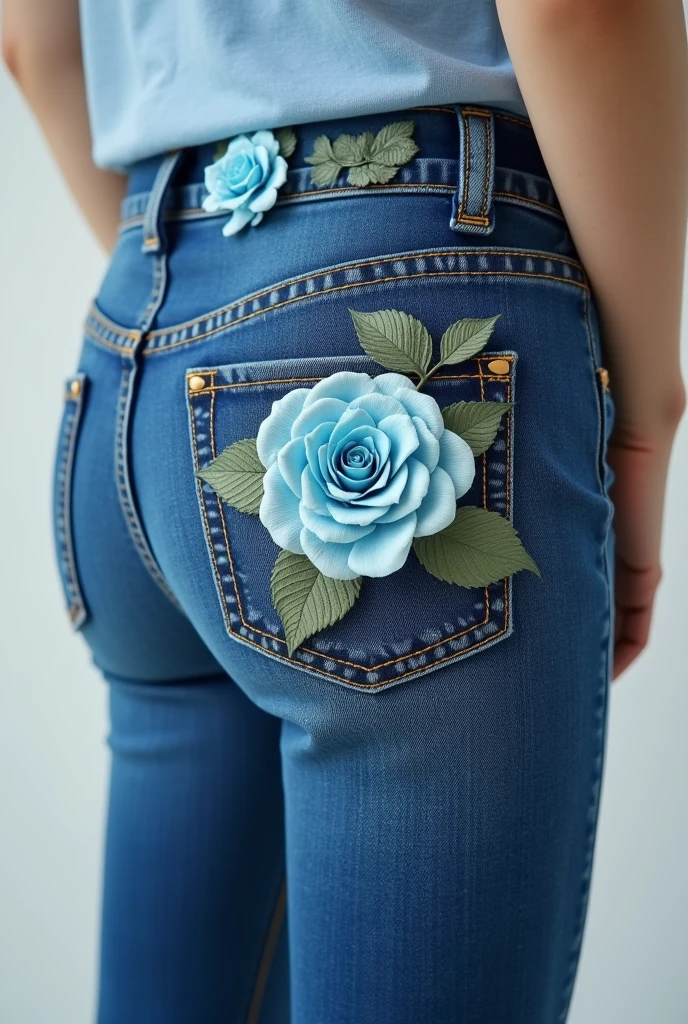 Women's jeans with a small 3D effect blue rose
