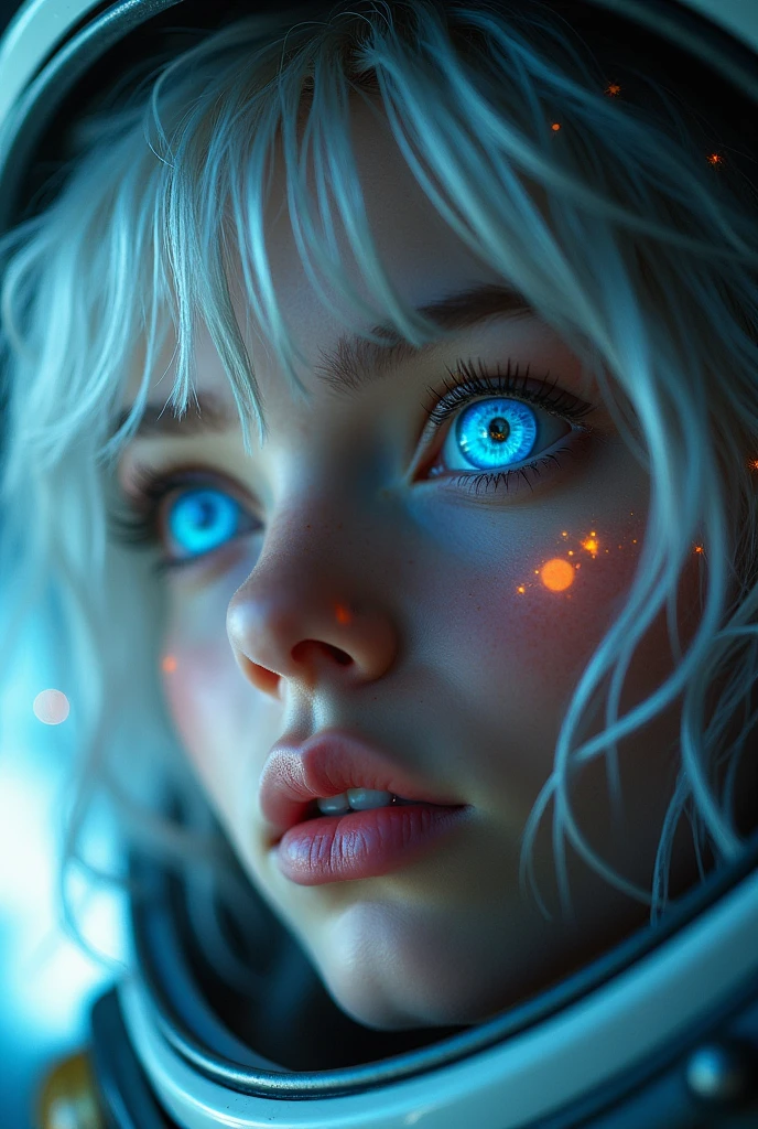 (Close-up of a better masterpiece: 1.5) 0.9], (Space and astronauts: 1.2) (Disheveled silver hair: 1.1) (Xanthochromia heterochromia and blue eyes: 1.2) (space helmet: 1.0) (colorful stars in the eyes: 1.0) (A radiant glow: 1.1) (thick lips: 0.9)