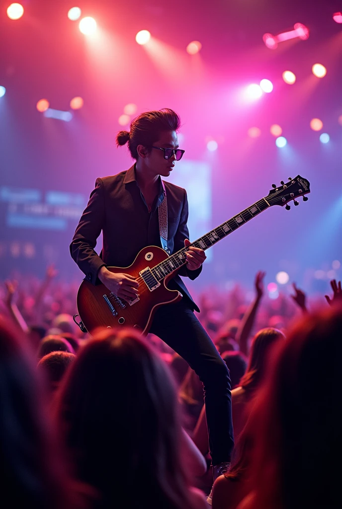 a charismatic thai jazz prs semi hollow
guitarist with sunglasses two block hair performing on a big stage, thousands of fans, neon lights, digital art