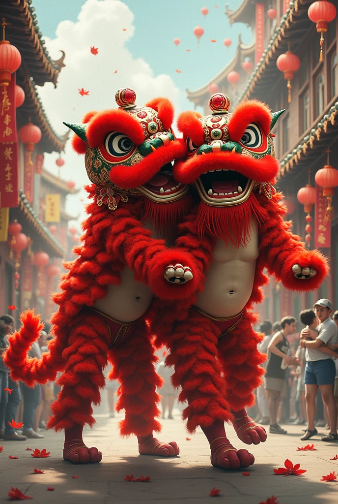 create，2 lion dances，A lion dance rides on the back of another lion dance with its genitals exposed
