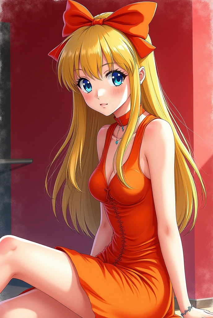 4K Portrait, watercolor,, Minako Aino of Sailor Venus, long straight blonde hair with a red bow, blue eyes, sharp and beautiful face, with dark orange dress, shoulder, arm, Punk style fashion, Punk style booties, exquisite image. sitting, Red background, Lights and shadows.