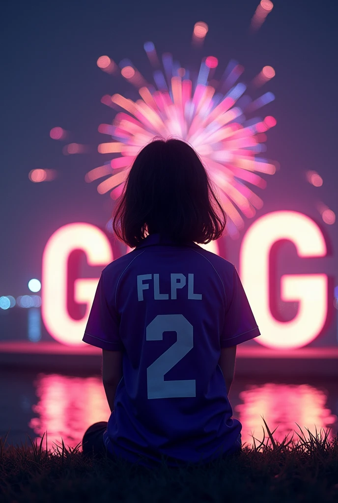 High quality photography, 19 year old girl sitting with her back turned at night watching the stars, and in the background the letter G with fireworks, The girl has a purple shirt with the initials FLPL on her back with the number 2, anime drawings 