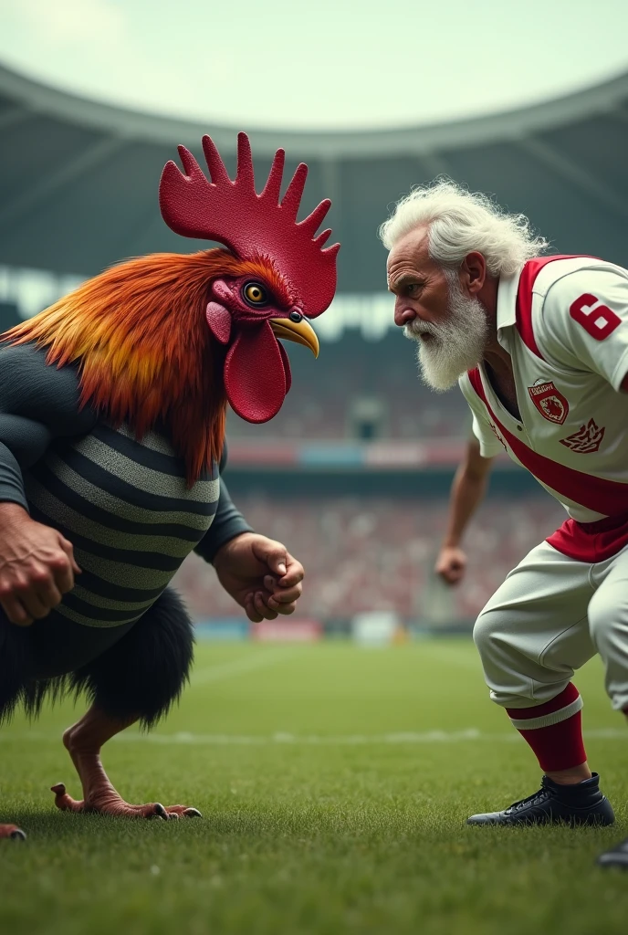 a strong rooster with muscles and an avenger with an evil face wearing a black and white striped rocker shirt faces an old man who is wearing white clothes with red details on the stadium lawn.