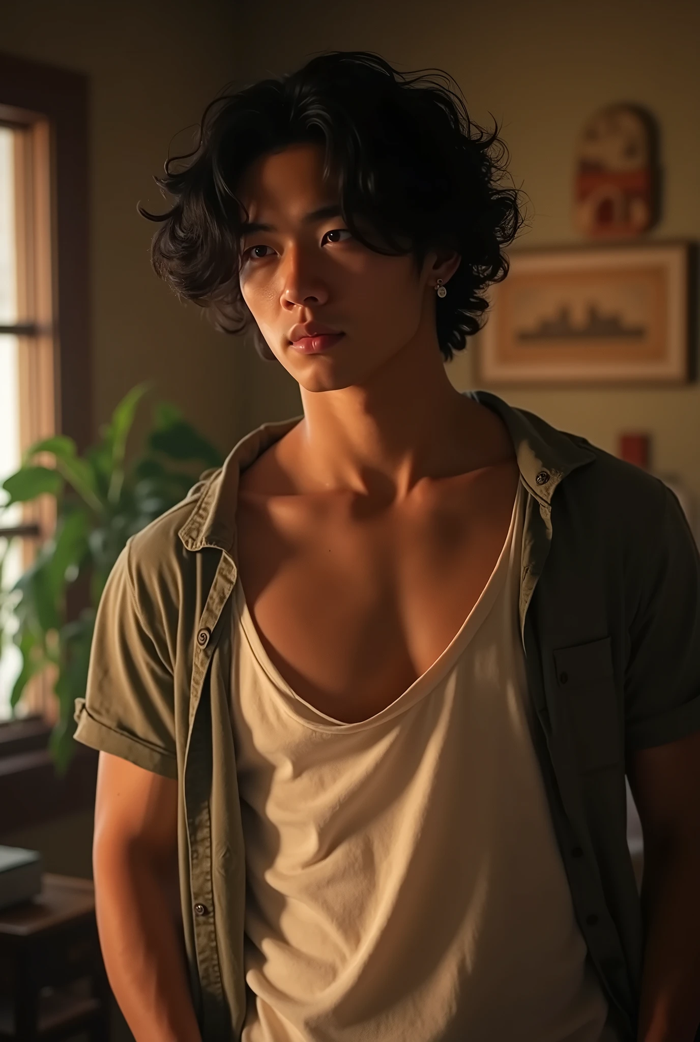 a 25-year-old Japanese and American boy, tall muscular physique, dark short hair and long curly hair, wearing a t-shirt and chemise, photorealistic, hyperdetailed, cinematic lighting, dramatic composition, intricate details, warm color palette, highly detailed facial features, vivid textured skin, masterpiece, best quality, 8k