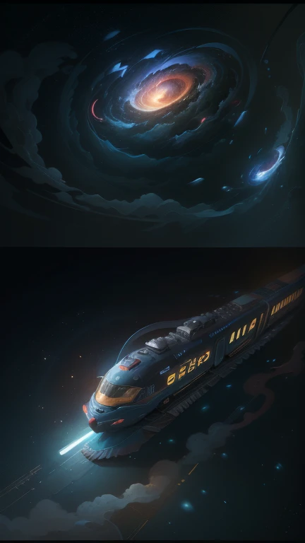 Fantasy，8k,Extremely detailed, masterpiece,High resolution,Highest quality,Increase the resolution,Cinema Lighting,Different space，4 dimensional world，Night on the Galaxy Express，cyber-，light blue body，A spaceship pulling multiple passenger cars，Maneuvering with a fusion reactor，30-car train、Run through the space zone，Numerous stars，Many Galaxies，Milky Way，Cruising at the speed of light，Seeing the Earth in the distance，Super Express，Going to Andromeda，Wide angle of view，Vision，Floating in the air，In the dazzling light，Extremely colorful，The whole carriage is visible，S-shaped，Rail of light，999，colorful cloud nebula，The whole universe glows blue