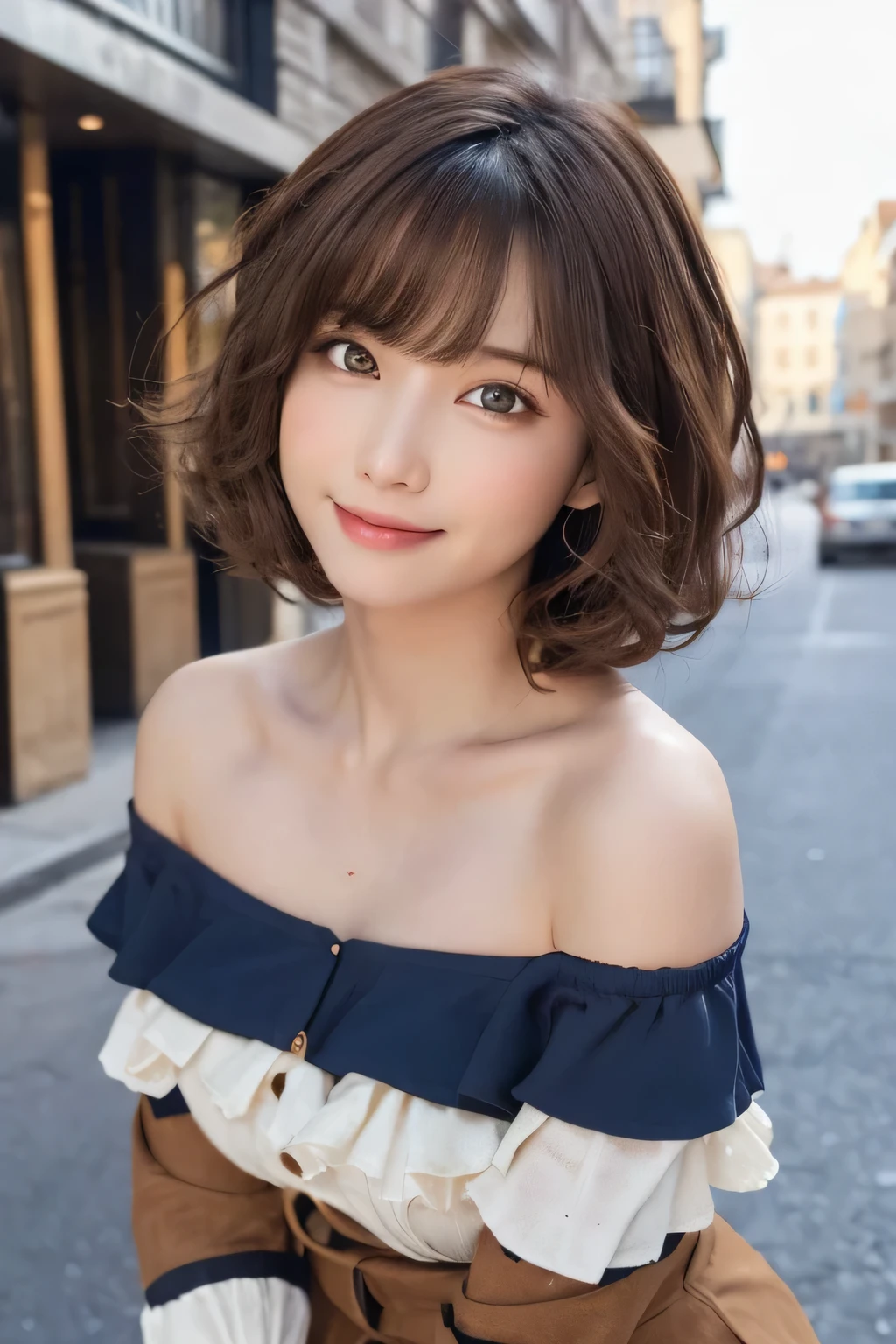 one person's, (Beautiful girl, Delicate:1.3), (s old:1.3),
break, (Off the shoulder, one piece, Frills:1.2),skirt,
break, (Street Snap:1.2),
break, Very beautiful eyes, (Symmetrical eyes:1.3),
break,(Large Breasts:1.3), Brown eyes, Parted bangs, Brown Hair, (Curly Hair:1.2), (Upper teeth, The best smile:0.2),
break, (Eye and facial details:1.0),
break, (masterpiece, Highest quality, Super detailed, Detailed face, 8k)
