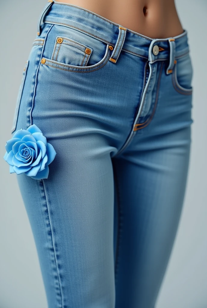 Women's jeans with a small 3D effect blue rose on the front of the pants