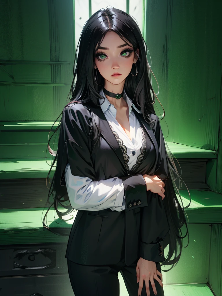 emo_hairstyle, ((tight black suit)), (black lace blazer), black tie, ((long hair)), ((straight hair)), (((black hair))), side swept bangs, white skin, pale, white, (green eye), tired expression, choker, ((dark makeup, mascara, eyeshadow)), multiple piercings, best quality, 8k, dark laboratory, dim lighting, white shirt, erotic, slytherin, flashing boobs, opening shirt
